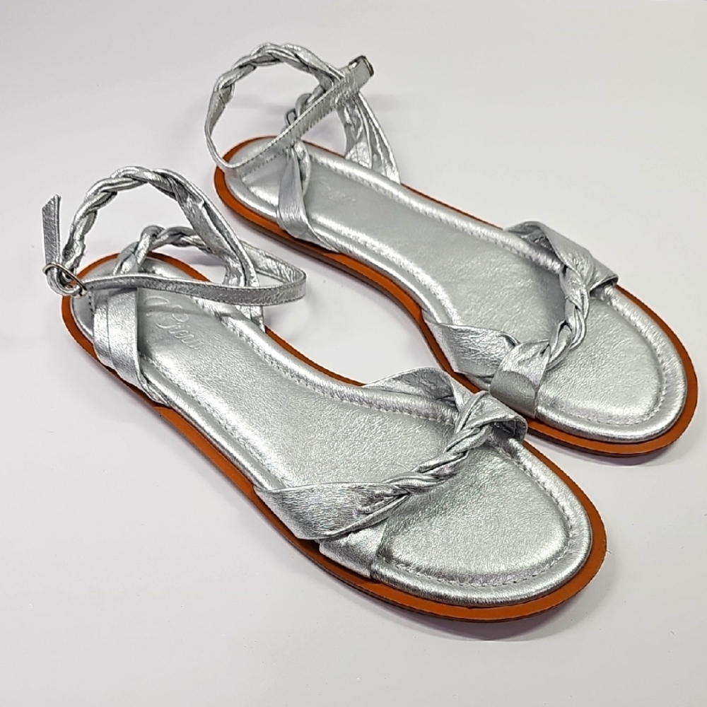 J. Crew Silver Braided Leather Ankle Tie Sandals